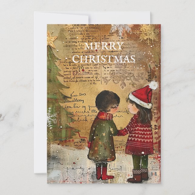 Vintage Christmas Tree Children Snow Holiday Card (Front)