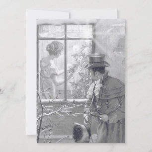 Vintage Christmas Tree Couple Dog Window Sketch Holiday Card