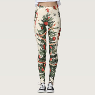 Vintage Christmas Tree Cream Red Green Toile Leggings