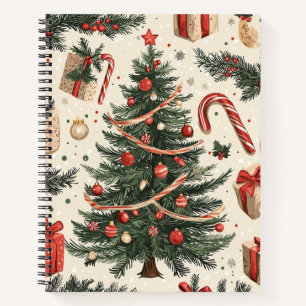 Vintage Christmas Tree Cream Red Green Toile Notebook