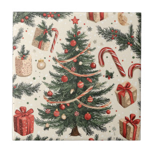 Vintage Christmas Tree Cream Red Green Toile Tile