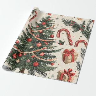 Vintage Christmas Tree Cream Red Green Toile Wrapping Paper