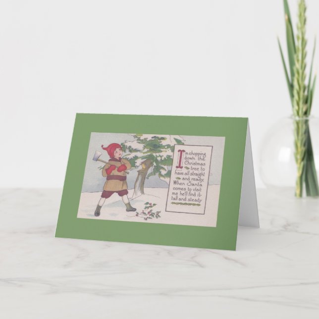 Vintage Christmas Tree Cutting Greeting Card (Front)