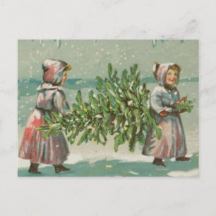 Vintage Christmas Tree cutting Holiday Postcard