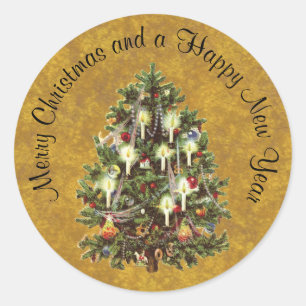 Vintage Christmas Tree, Decorated Victorian Tree Classic Round Sticker