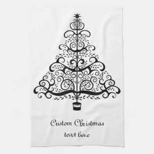 Vintage Christmas Tree Decorative Victorian Scroll Tea Towel