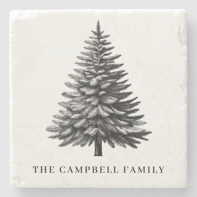Vintage Christmas Tree Family Name Stone Coaster (Front)