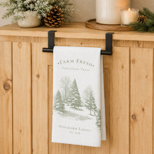 Vintage Christmas Tree Farm Pine Monogram Tea Towel