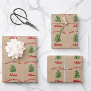 Vintage Christmas Tree Festive Custom Name Kraft Wrapping Paper Sheet