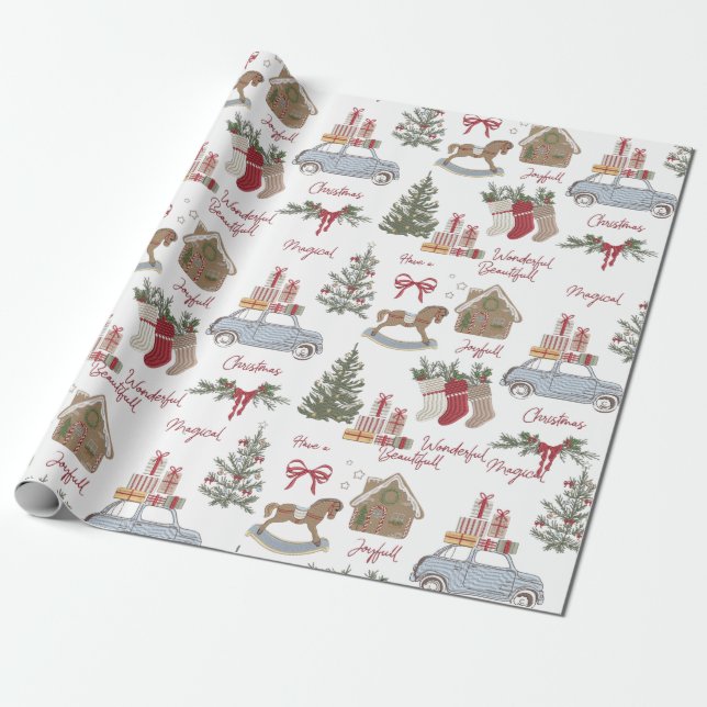 Vintage christmas tree, gingerbread, and car wrapping paper (Unrolled)