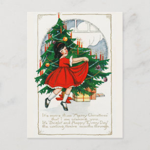 Vintage Christmas Tree, Girl and Gifts Holiday