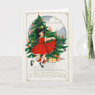 Vintage Christmas Tree, Girl and Gifts Holiday Card
