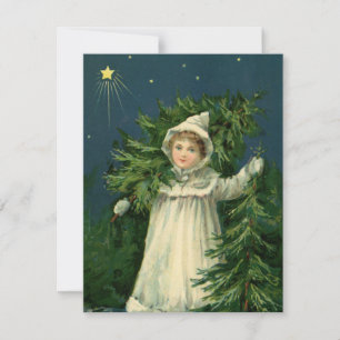 Vintage Christmas tree girl illustration card 