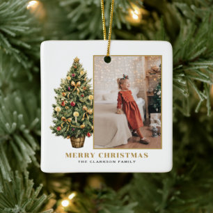 Vintage Christmas Tree Gold Merry Christmas Photo Ceramic Ornament