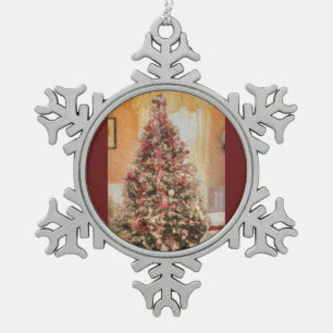 Vintage Christmas Tree in Classic Crimson Red Trim Snowflake Pewter Christmas Ornament