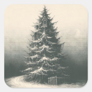Vintage Christmas Tree In Snow Etching Intaglio Square Sticker