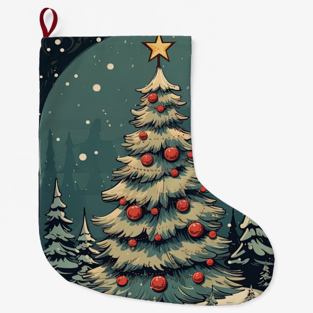 Vintage Christmas tree Large Christmas Stocking (Front)