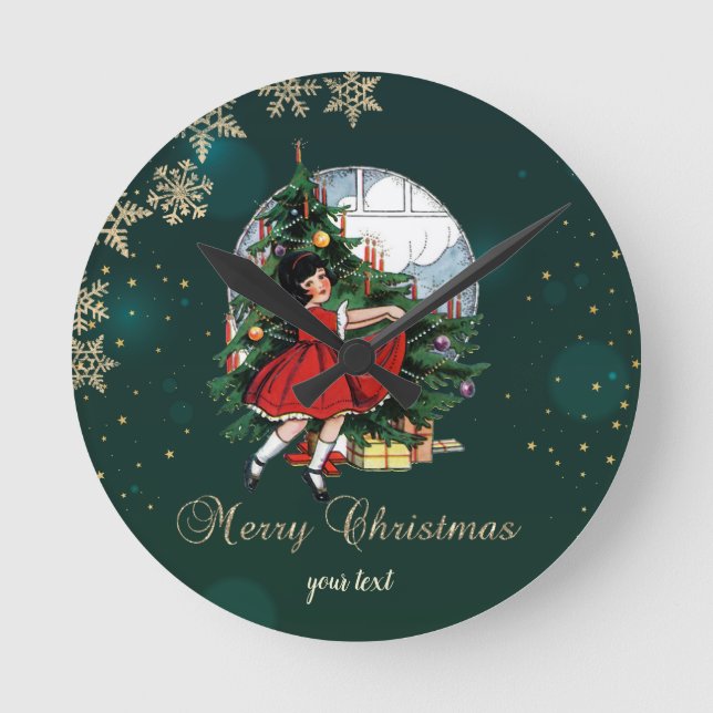 Vintage Christmas Tree,Little Girl Snowflakes Round Clock (Front)