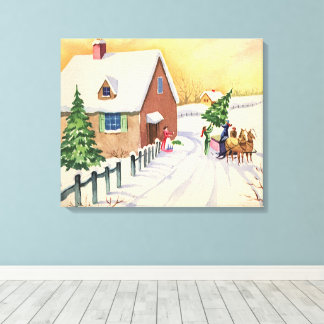 Vintage Christmas Tree on a Snowy Winter Road Canvas Print