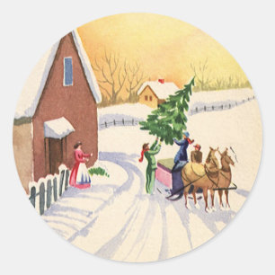 Vintage Christmas Tree on a Snowy Winter Road Classic Round Sticker