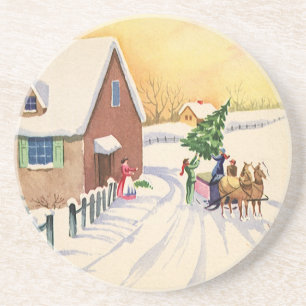 Vintage Christmas Tree on a Snowy Winter Road Coaster