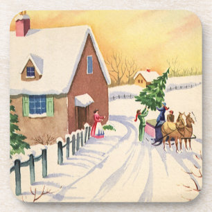 Vintage Christmas Tree on a Snowy Winter Road Coaster