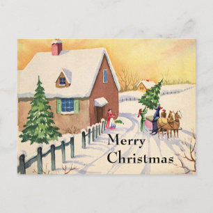 Vintage Christmas Tree on a Snowy Winter Road Holiday Postcard