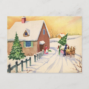 Vintage Christmas Tree on a Snowy Winter Road Holiday Postcard