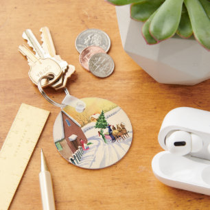 Vintage Christmas Tree on a Snowy Winter Road Key Ring