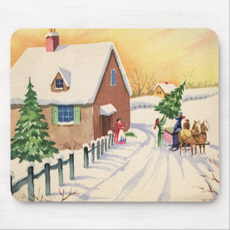 Vintage Christmas Tree on a Snowy Winter Road Mouse Mat