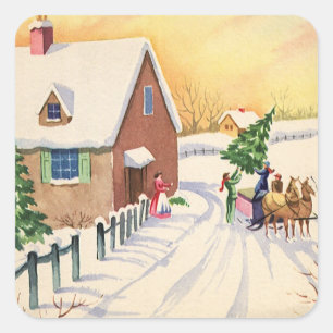 Vintage Christmas Tree on a Snowy Winter Road Square Sticker