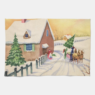 Vintage Christmas Tree on a Snowy Winter Road Tea Towel