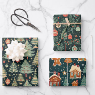 Vintage Christmas Tree Ornament Gingerbread Gift Wrapping Paper Sheet