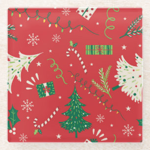 Vintage Christmas tree: ornamental design. Glass Coaster