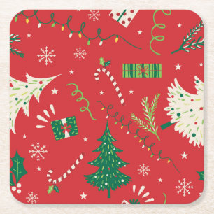 Vintage Christmas tree: ornamental design. Square Paper Coaster