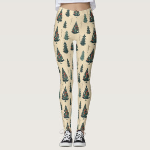 Vintage Christmas Tree, Pine Tree Pattern. Leggings
