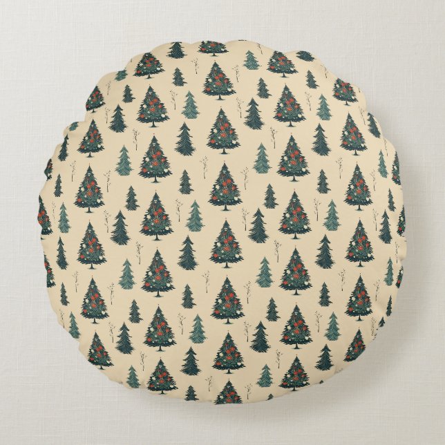Vintage Christmas Tree, Pine Tree Pattern. Round Cushion (Front)