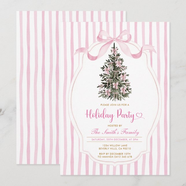 Vintage Christmas Tree Pink Bow Holiday Party  Invitation (Front/Back)