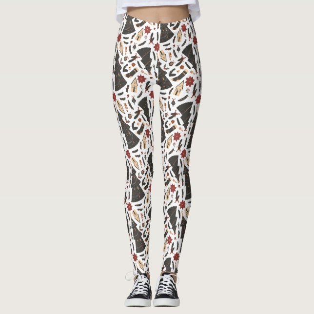 Vintage Christmas Tree Poinsettia Leggings (Front)