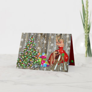 Vintage Christmas Tree Presents Lady in Red Holiday Card