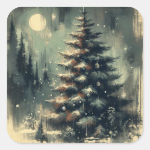 Vintage Christmas Tree Retro Illustration Square Sticker