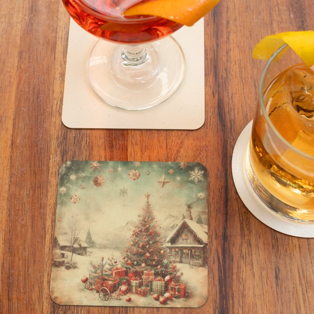 Vintage Christmas tree  Square Paper Coaster (Vintage Christmas tree Square Paper Coaster)