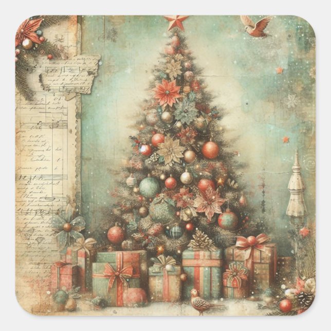 Vintage Christmas Tree Square Sticker (Front)