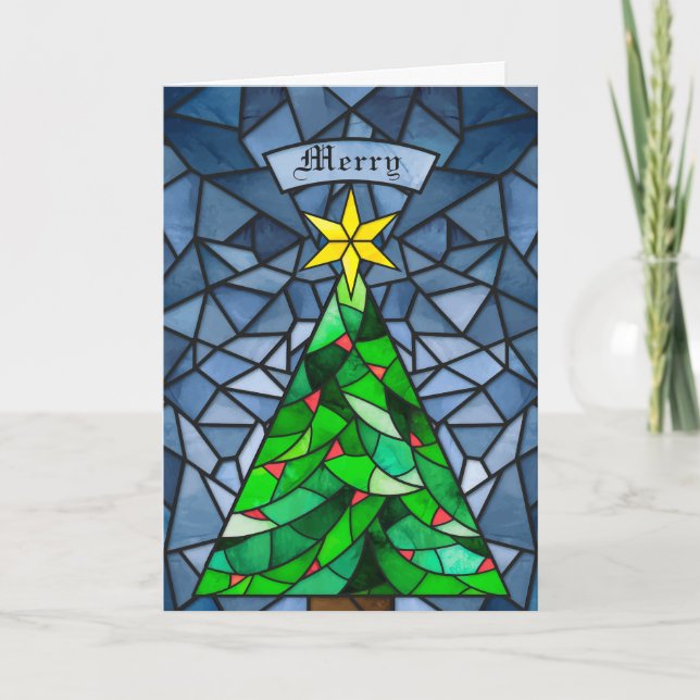 Vintage Christmas Tree Stained Glass Holiday Card (Front)