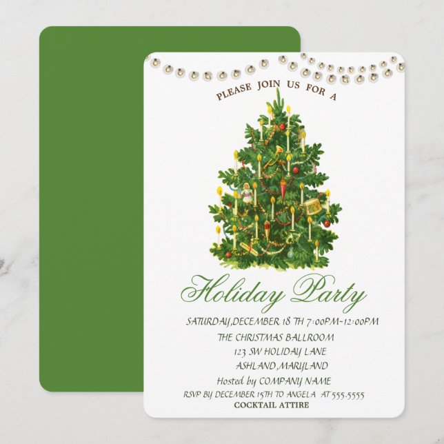 Vintage Christmas Tree String Lights Holiday Party Invitation (Front/Back)