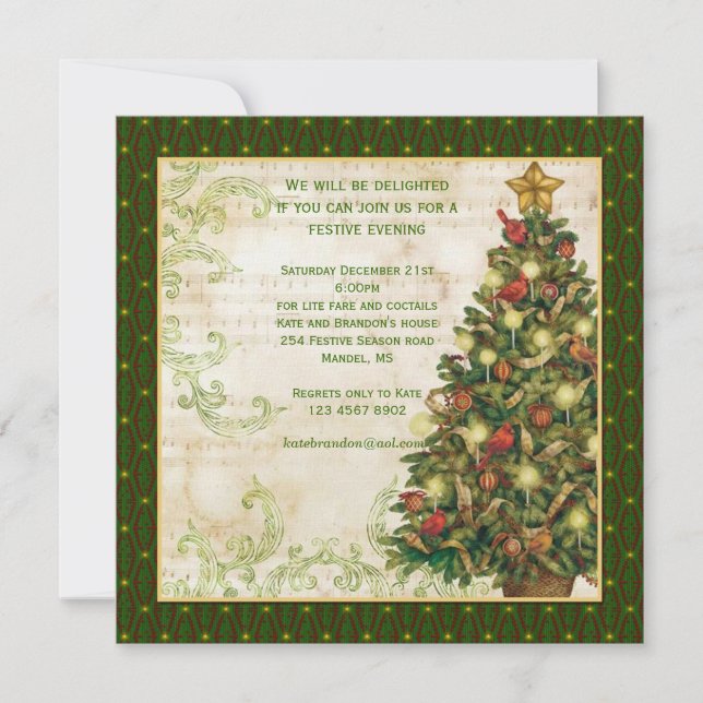 Vintage Christmas tree, swirls party Invitation (Front)