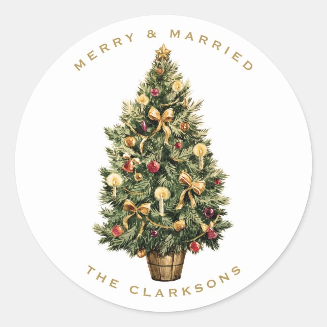 Vintage Christmas Tree Wedding Christmas Classic Round Sticker (Front)