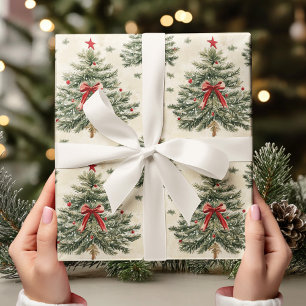 Vintage Christmas Tree with Red Bow Minimalist Wrapping Paper