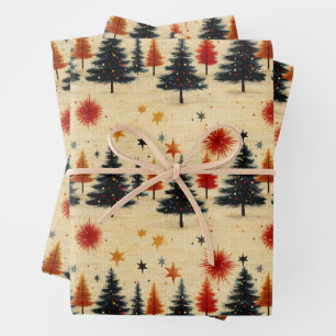 Vintage Christmas Trees and Stars Wrapping Paper Sheet