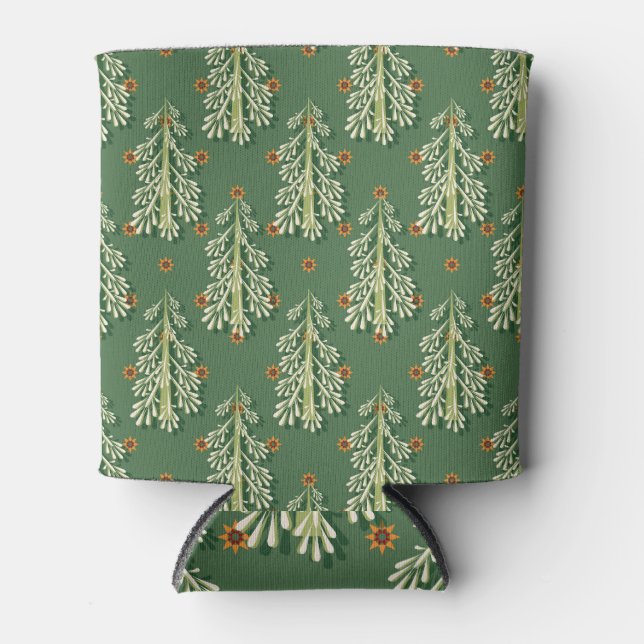 Vintage Christmas Trees Illustration Pattern Can Cooler (Front)